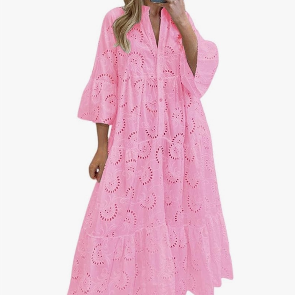 Elegant Pink Eyelet Maxi Dress